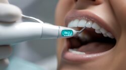 歯医者で歯石取りを受ける女性