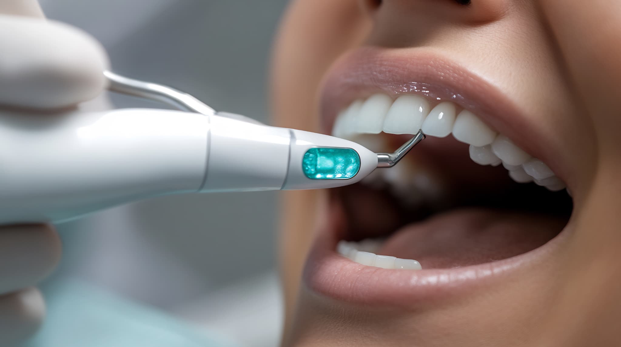 歯医者で歯石取りを受ける女性